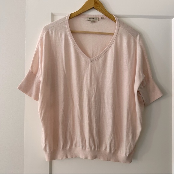 REPEAT Cashmere Short Sleeve V‑Neck Knit Top 38/S, Adjustable Drawstring Back - Picture 2 of 4